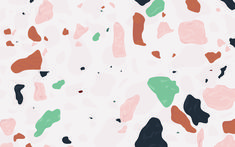 an abstract pattern made up of different colors and shapes on a white background with black spots