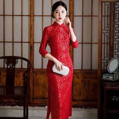 Ceremonial Long Sleeve Ao Dai, Formal Long Red Cheongsam, Elegant Red Ao Dai For Banquet, Wedding Long Sleeve Fitted Cheongsam, Fitted Long Sleeve Cheongsam For Wedding, Long Sleeve Cheongsam For Wedding, Fitted Lace Ao Dai With Long Sleeves, Elegant Red Long Sleeve Ao Dai, Traditional Long Sleeve Ao Dai For Banquet