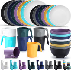 there are many different colored cups and mugs