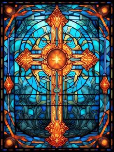 a stained glass window with a cross in the center and an orange light shining through it