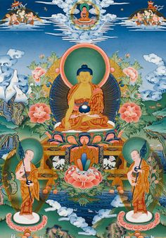 an image of buddhas in the middle of a painting with flowers and clouds above them