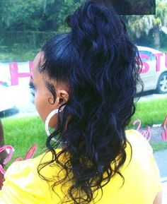 long black wavy ponytail … High Wavy Ponytail Black Women, Wet Hairstyles, Weave Ponytail, Wavy Ponytail