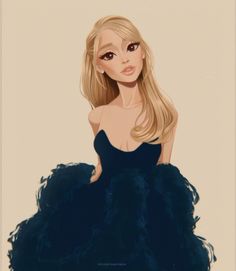 a drawing of a woman in a black dress with long blonde hair and big eyes