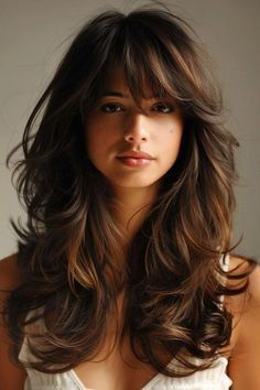 Long Wavy Layers With Bangs, Layered Haircuts For Women Long Wavy, Feather Layers Long Hair Bangs, Women’s Long Layered Haircuts, 90s Long Layered Hair, Long Hair With Layers And Bangs, Women’s Long Hair Shag, Long Shaggy Haircuts