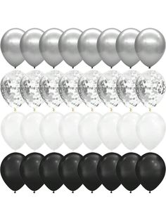 balloons and confetti balls are arranged on a white background with black and silver accents