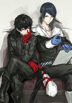 two anime characters sitting on a couch with one holding a book and the other wearing blue gloves