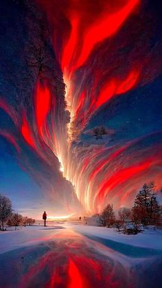 the sky is filled with red and white clouds as it looks like an aurora bore