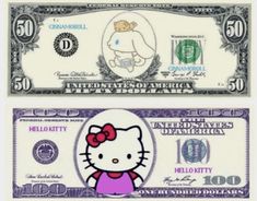 two bills with hello kitty on them, one is $ 50 and the other is $ 500