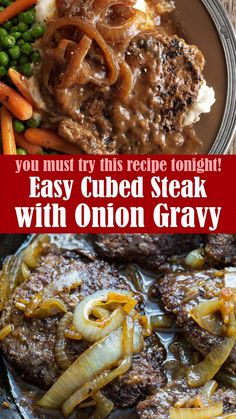 steak with onion gravy and carrots on the side is featured in this recipe