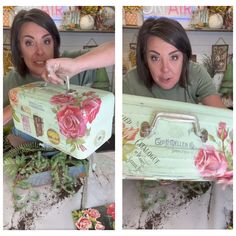 two pictures of a woman holding a box with roses on it