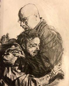 a drawing of two men hugging each other with one man holding the other's head