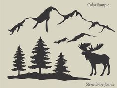 the silhouettes of trees, mountains and moose are shown in black on a light gray background