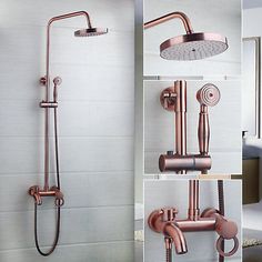 four different views of a shower head and faucet in various stages of installation