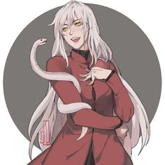 an anime character with long white hair and yellow eyes, holding a snake in her hand