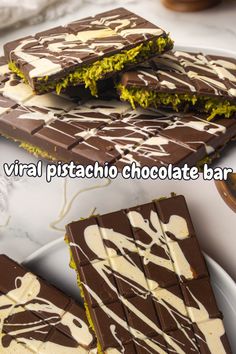 several pieces of chocolate with white and green toppings