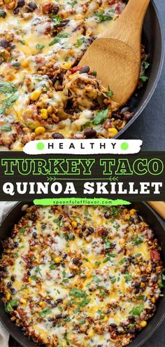 healthy turkey taco quinoa skillet recipe with text overlay