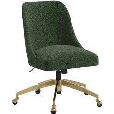 an office chair with wheels and green upholstered fabric on the back, viewed from the front