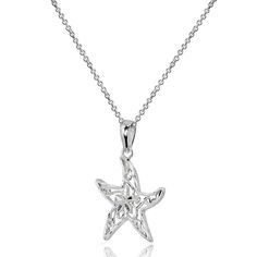 This aquatic necklace displays a minimalist design that is lightweight and has a comfortable fit. This necklace features a starfish with a filigree swirl design. This delicate necklace is crafted of sterling silver. The pendant hangs from a 18 inch rolo chain and secures by a spring-ring clasp. This dainty necklace can be purchased as starfish necklaces for women and animal necklaces for women. Product Details Metal Type sterling-silver Metal Stamp 925-sterling Weight 2.7GR Length 18in Width 19m Sea Starfish, Necklace Displays, Filigree Pendant Necklace, Starfish Necklace, Filigree Pendant, Pet Necklace, Swirl Design, Rolo Chain, Delicate Necklace