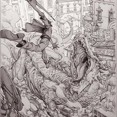 a drawing of a man riding on the back of a large alligator in a city