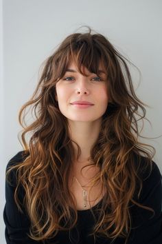 Long Waves With Bangs, Fringe Haircut Wavy Hair, Straight Bangs With Wavy Hair, Birkin Bangs Curly Hair, Natural Waves With Bangs, Wavy Hair Fringe Bangs, Haïr Cut Wavy Hair