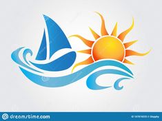 the sun and sailboat are in the water, with waves around it on a white background