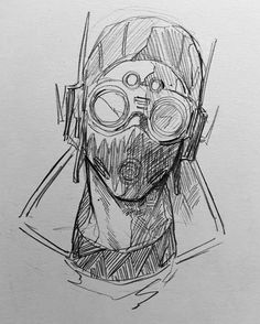 a drawing of a man with goggles on his head