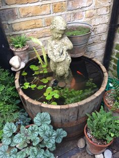 there is a statue in the middle of a barrel filled with water and plants next to some potted plants