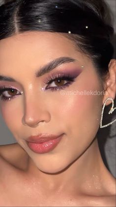 Makeup Look Purple Dress, Beauty Queen Makeup Look, Pink And Purple Dresses, Smokey Eyes With Rhinestones, Makeup Ideas With Purple Dress, Makeup Ideas Purple Dress, Homecoming Makeup For Purple Dress, Purple Natural Makeup Looks, Dark Purple And Silver Eye Makeup