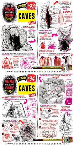 a poster with different types of drawings on it's sides and the words cave