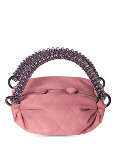 flamingo pink/aubergine purple decorative stitching ring hardware detailing top button fastening beaded top handles main compartment silver-tone hardware Evening Pouch Bag With Rolled Handles, Top Handle Satchel With Handles As Fashion Accessory, Pink Bag With Detachable Strap And Round Handle, Pink Bags With Detachable Strap And Round Handle, Pink Shoulder Bag With Round Handle, Pink Shoulder Bag With Round Handle For Everyday, Pink Bags With Round Handle For Everyday Use, Shopping Evening Bag With Round Top Carry Handle, Evening Bag With Round Handle For Shopping