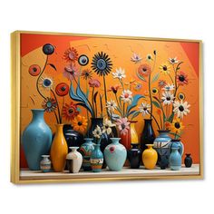 a painting of vases and flowers in front of an orange background on a wall