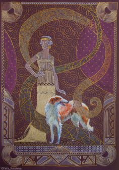 a painting of a woman and her dog in front of a purple background with swirls