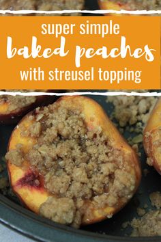 baked peaches with streusel topping in a pan