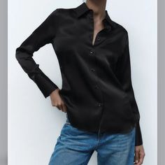 New With Tags Zara Satin Shirt, Satin Blouse, Button Down Shirt Black Color Black Buttons Pleat On The Back Size M Sleek Fitted Tops With Button Closure, Sleek Fitted Blouse With Buttons, Sleek Fitted Shirt With Buttons, Sleek Fitted Shirt With Button Closure, Office Black Blouse With Button Cuffs, Sleek Long Sleeve Tops With Buttons, Sleek Button-up Tops With Button Cuffs, Sleek Tops With Buttons, Sleek Tops With Button Closure For Night Out