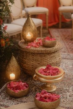 red petals for a Hindu wedding ceremony in a wicker basket with intricate gold lantern and pot Elegant Diwali Decor, Simple Indian Wedding, Choora Ceremony, Colourful Wedding Flowers, Nikkah Decor, Ambience Decor, Lantern Decorations, Wicker Lampshade