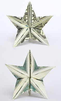 two origami stars made out of one dollar bill and the other folded in half