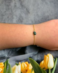 Dainty Malachite bracelet  Available in 14k gold or sterling silver Choose your custom length Gold Bracelets With Natural Stones For May Birthstone, Gold Malachite Bracelet, Green 14k Gold Bracelet As A Gift, Green 14k Gold Bracelet Gift, Minimalist Green Bracelet As A Gift, Green Bracelet Strap Jewelry As A Gift, Minimalist Green Bracelet For Gift, Green Chain Bracelet For May Birthstone Gift, Minimalist Green Bracelet Gift