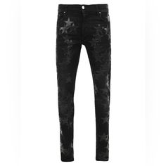 Chemist Leather Stars Denim Pants By Amiri Crafted From Cotton Featuring A Relaxed Silhouette, A Classic Five-Pocket Design, Front Button Zipper Closure, And Multiple Applique Stars Embroidered Throughout. Coordinate With An Oversized Graphic Tee And Leather Boots For A Cool Drinks With Friends Edit. Dimensions: Fits True To Size Composition: 92% Cotton, 6% Elastomultiester, 2% Elastane, Applique: 100% Leather Care: Dry Clean Only Brand Style: Mds028-003 Black Straight Leg Pants With Star Print, Black Star Print Bottoms For Streetwear, Trendy Black Jeans With Star Print, Trendy Black Pants With Star Print, Edgy Black Leather Jeans, Trendy Black Star Print Pants, Luxury Black Jeans With Five Pockets, Applique Stars, Amiri Pants