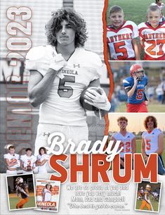 an advertisement for the brady shrum football team, featuring photos of young players