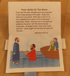 an open bible book with illustrations of jesus walking on the water and two people in a boat