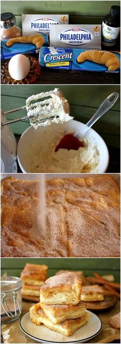 pancakes with powdered sugar and butter on them are shown in three different pictures, one is