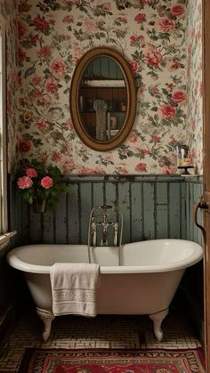 an old fashioned bathtub in a bathroom with floral wallpaper and mirror above it