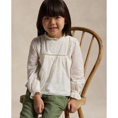 Tonal embroidery delicate lace trim and pintucks at the yoke all come together to pretty effect in this cotton voile top. Cotton Poplin Top, Ralph Lauren Blouse, Tonal Embroidery, Peplum Sweater, Button Outfit, Poplin Top, Tie Neck Tops, Puff Sleeve Blouse, Cotton Voile