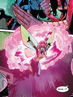 an image of a comic character flying through the air with her hand on her chest