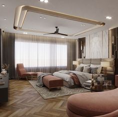 a bedroom with a bed, chair and ottoman in the middle of it's room