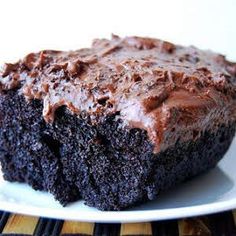 a piece of chocolate cake sitting on top of a white plate