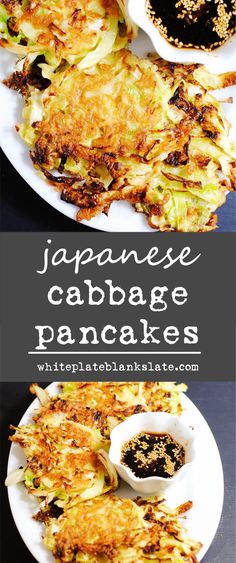 japanese cabbage pancakes on a plate with dipping sauce