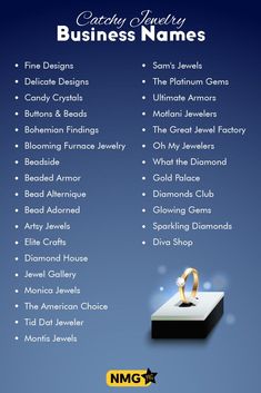 an advertisement for jewelry business names on a blue background with gold rings in the middle