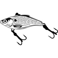 a black and white drawing of a fish on a hook with fishing hooks attached to it