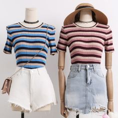 Stretchy ribbed shirt with colorful stripes. One size fits S-L Up to 15" across shoulders 25"-35" chest 7" sleeve length 21" length Ribbed Tee, Ribbed Shirt, 2 Colours, White Shorts, Color Blocking, Short Dresses, Turtle Neck, Blue Color, Stripes